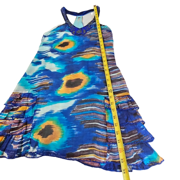 FREE PEOPLE Silk Beads Rhinestones Ruffles Blue & Orange Watercolor Halter Dress - Picture 7 of 16